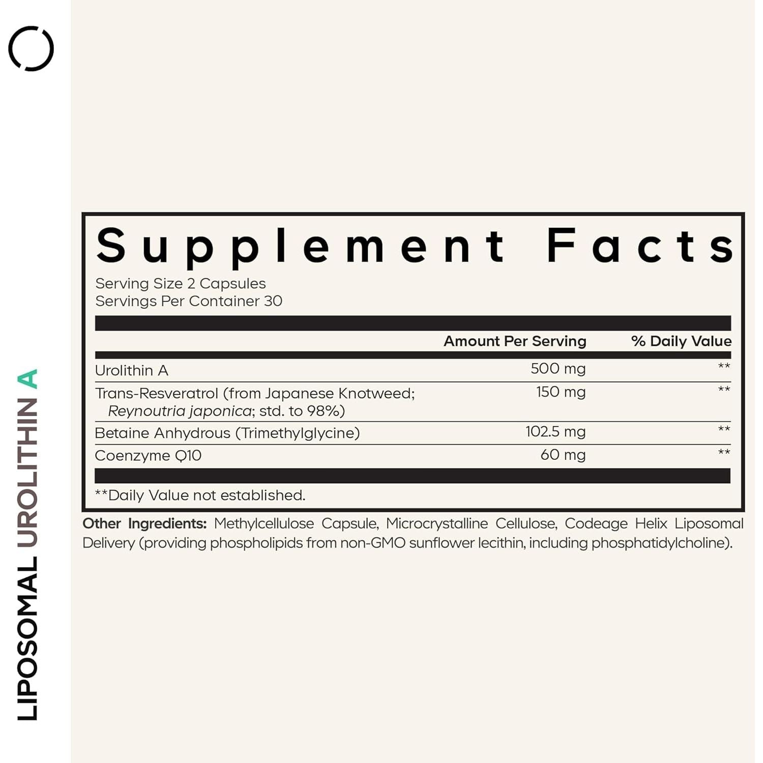 Codeage Liposomal Urolithin A - 60 Capsules | Cellular Energy + Longevity Support with Resveratrol & CoQ10